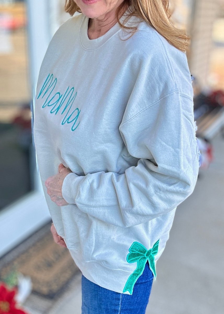 Embroidered Mama Sweatshirt Tan/Teal with Glitter Side Bows - Jimberly's Boutique - Olive Branch - Mississippi