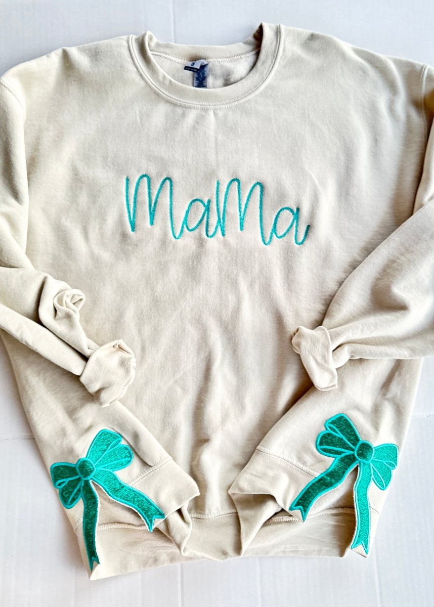 Embroidered Mama Sweatshirt Tan/Teal with Glitter Side Bows - Jimberly's Boutique - Olive Branch - Mississippi