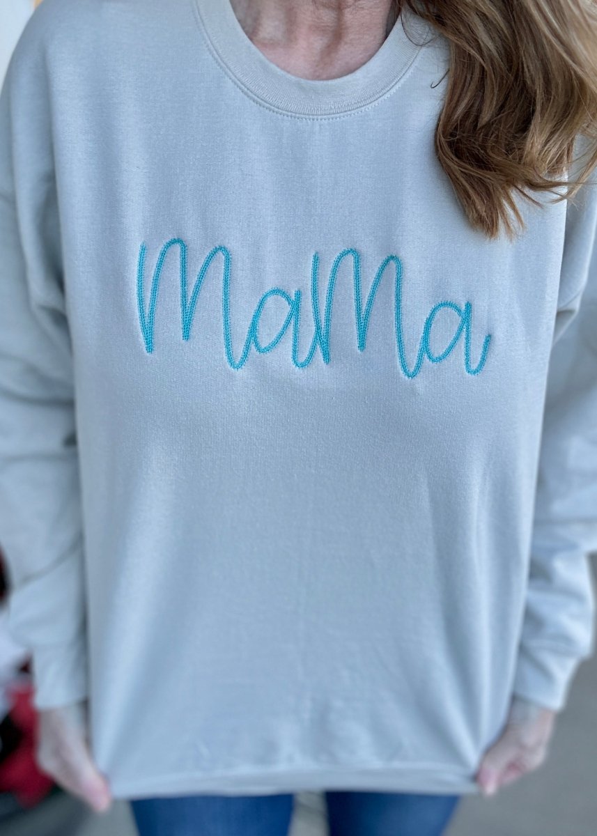 Embroidered Mama Sweatshirt Tan/Teal with Glitter Side Bows - Jimberly's Boutique - Olive Branch - Mississippi