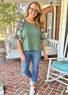 Forest Green Crochet Sleeve Top | Umgee - Umgee Top - Jimberly's Boutique - Olive Branch - Mississippi