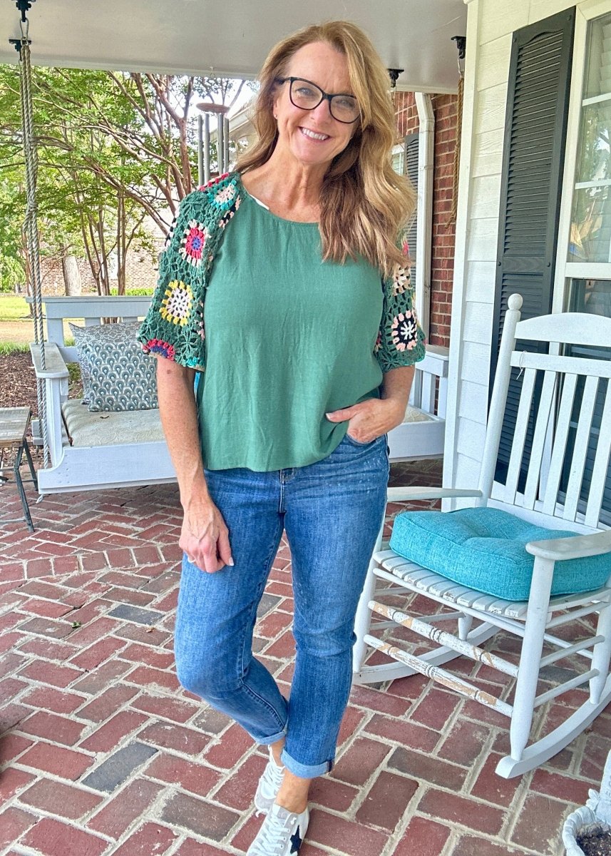 Forest Green Crochet Sleeve Top | Umgee - Umgee Top - Jimberly's Boutique - Olive Branch - Mississippi