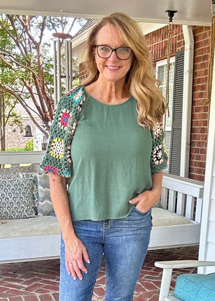 Forest Green Crochet Sleeve Top | Umgee - Umgee Top - Jimberly's Boutique - Olive Branch - Mississippi