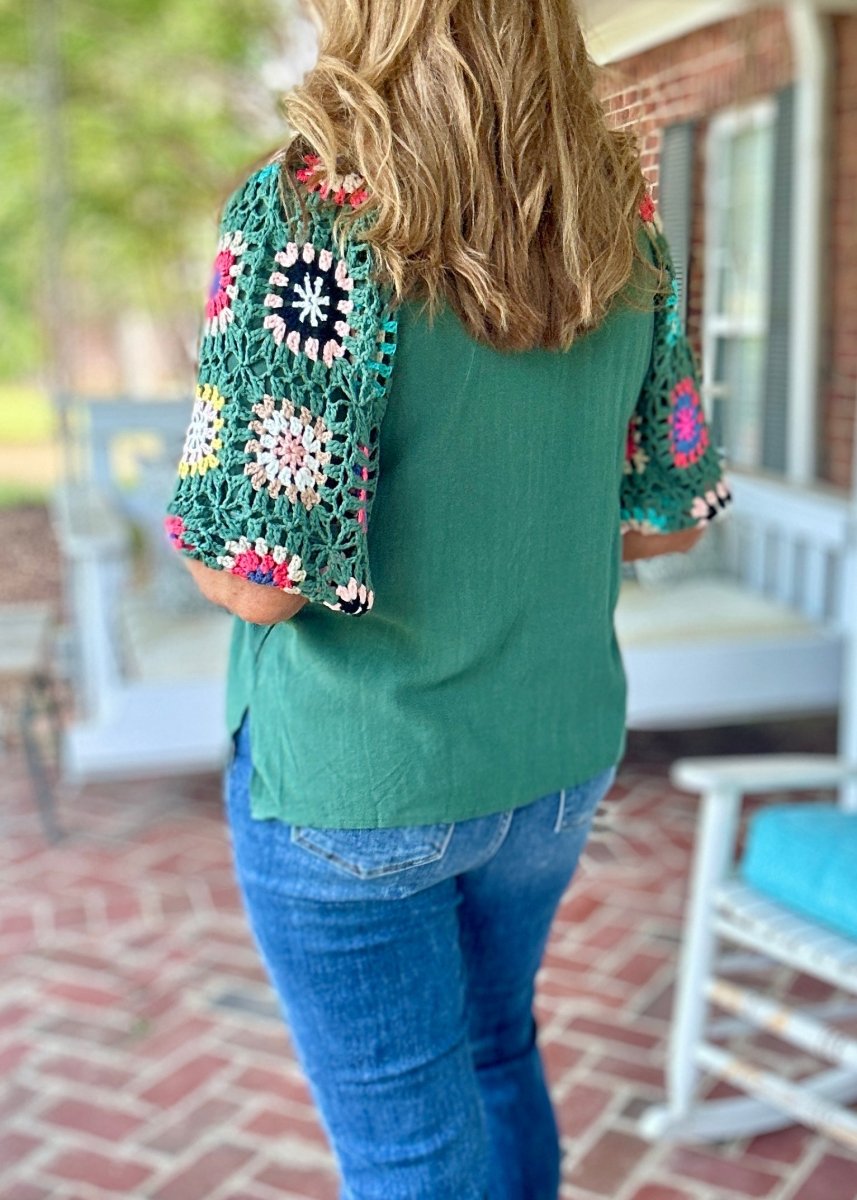 Forest Green Crochet Sleeve Top | Umgee - Umgee Top - Jimberly's Boutique - Olive Branch - Mississippi