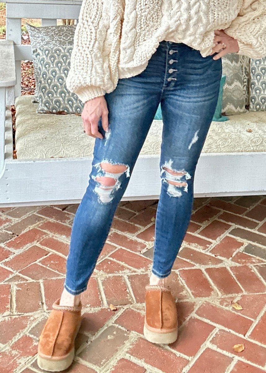 Franklin Distressed Hi Rise Button Fly Skinny | Judy Blue Jeans | Dark Wash - Judy Blue Jeans - Jimberly's Boutique - Olive Branch - Mississippi