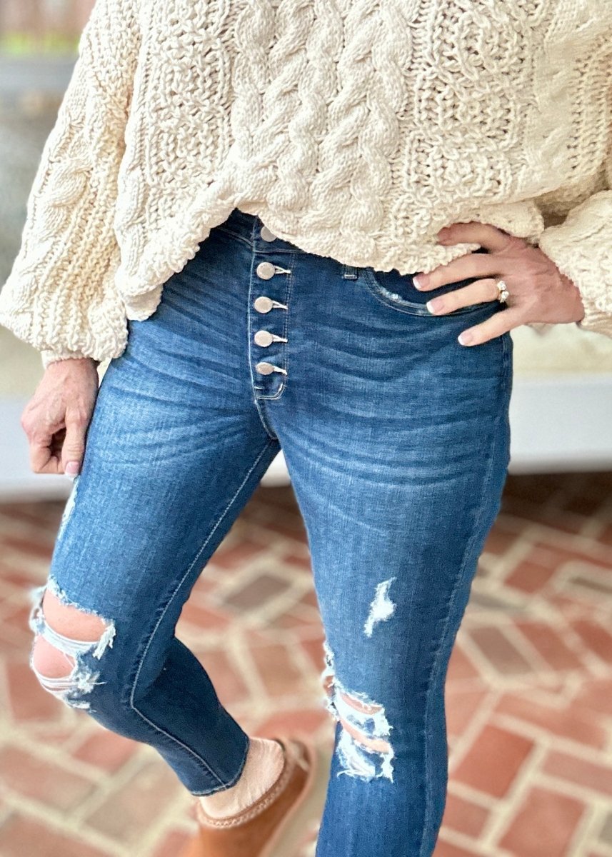 Franklin Distressed Hi Rise Button Fly Skinny | Judy Blue Jeans | Dark Wash - Judy Blue Jeans - Jimberly's Boutique - Olive Branch - Mississippi