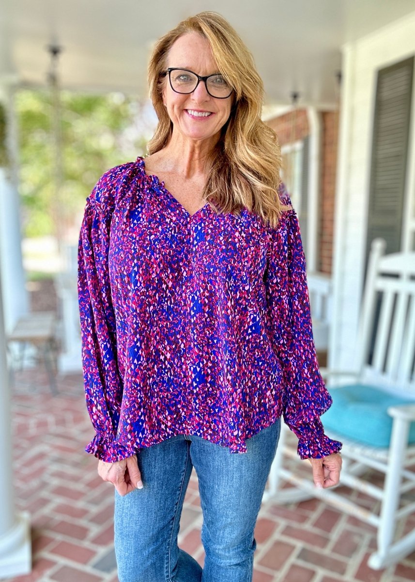 French Blue Print Long Sleeve Top | Umgee - Umgee Top - Jimberly's Boutique - Olive Branch - Mississippi