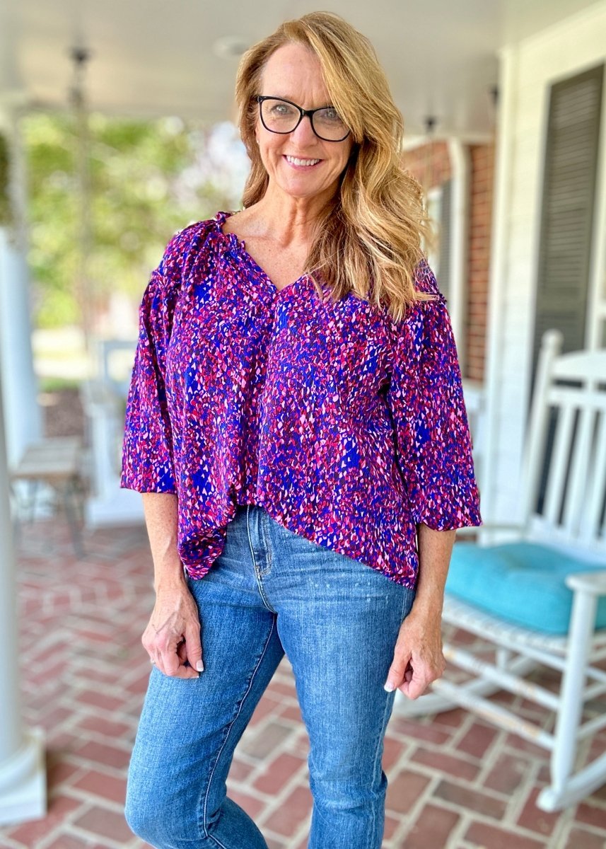 French Blue Print Long Sleeve Top | Umgee - Umgee Top - Jimberly's Boutique - Olive Branch - Mississippi