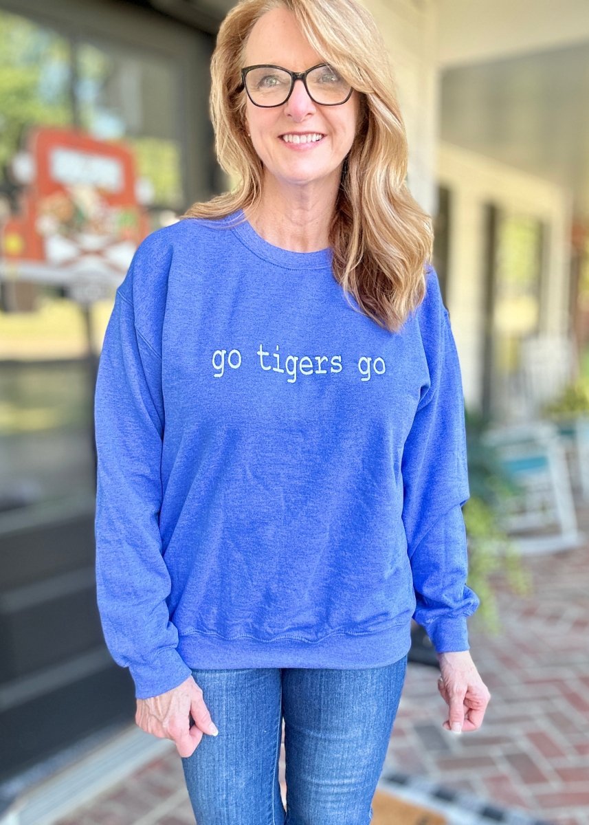 Go Tigers Go Embroidered Sweatshirt - Heather Royal w/White - sweatshirt - Jimberly's Boutique - Olive Branch - Mississippi