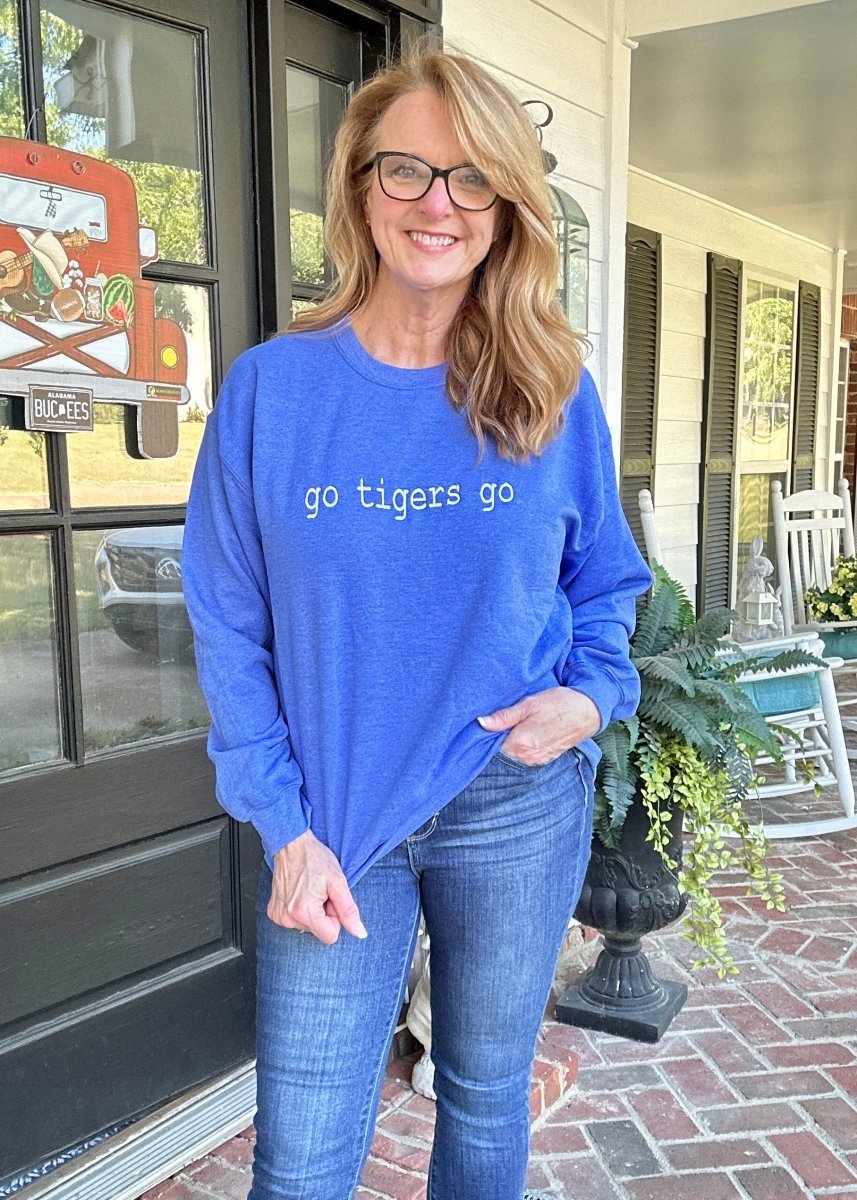 Go Tigers Go Embroidered Sweatshirt - Heather Royal w/White - sweatshirt - Jimberly's Boutique - Olive Branch - Mississippi