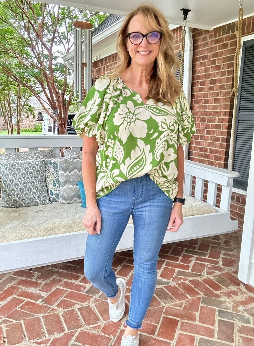 Green Mix Balloon Sleeve Top | Umgee - Jimberly's Boutique - Olive Branch - Mississippi