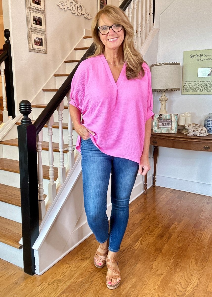 Gretchen V Neck Top - Candy Pink | Zenana - Shirts & Tops - Jimberly's Boutique - Olive Branch - Mississippi