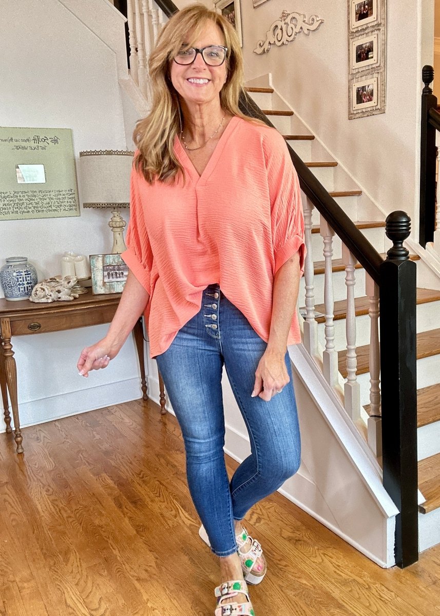 Gretchen V Neck Top - Coral | Zenana - Shirts & Tops - Jimberly's Boutique - Olive Branch - Mississippi