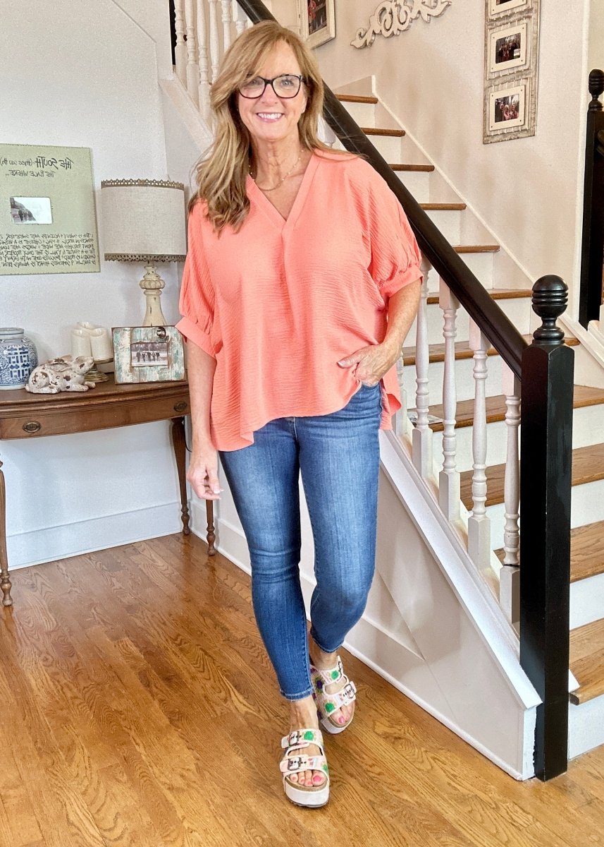 Gretchen V Neck Top - Coral | Zenana - Shirts & Tops - Jimberly's Boutique - Olive Branch - Mississippi