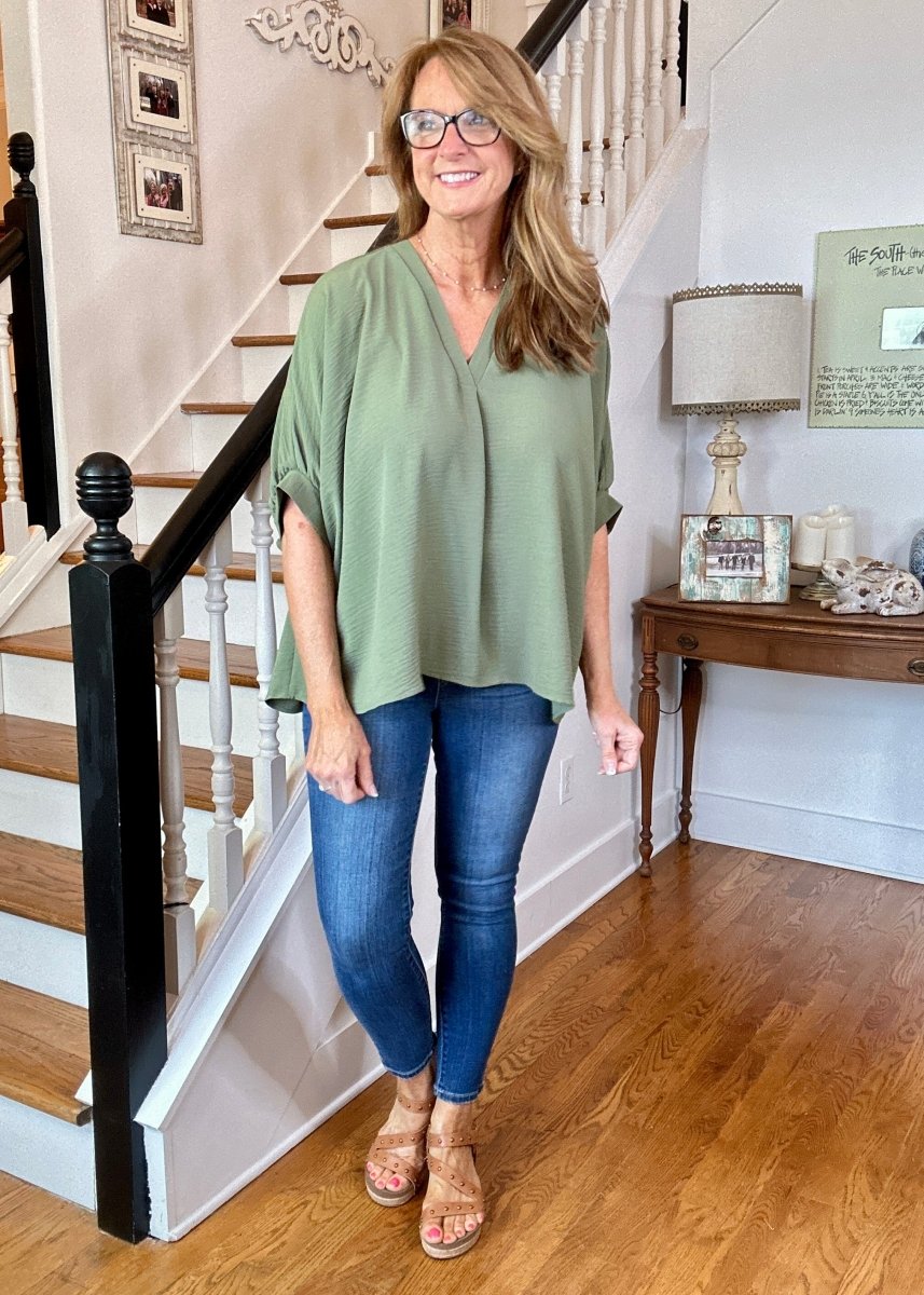 Gretchen V Neck Top | Lt Olive | Zenana - Shirts & Tops - Jimberly's Boutique - Olive Branch - Mississippi