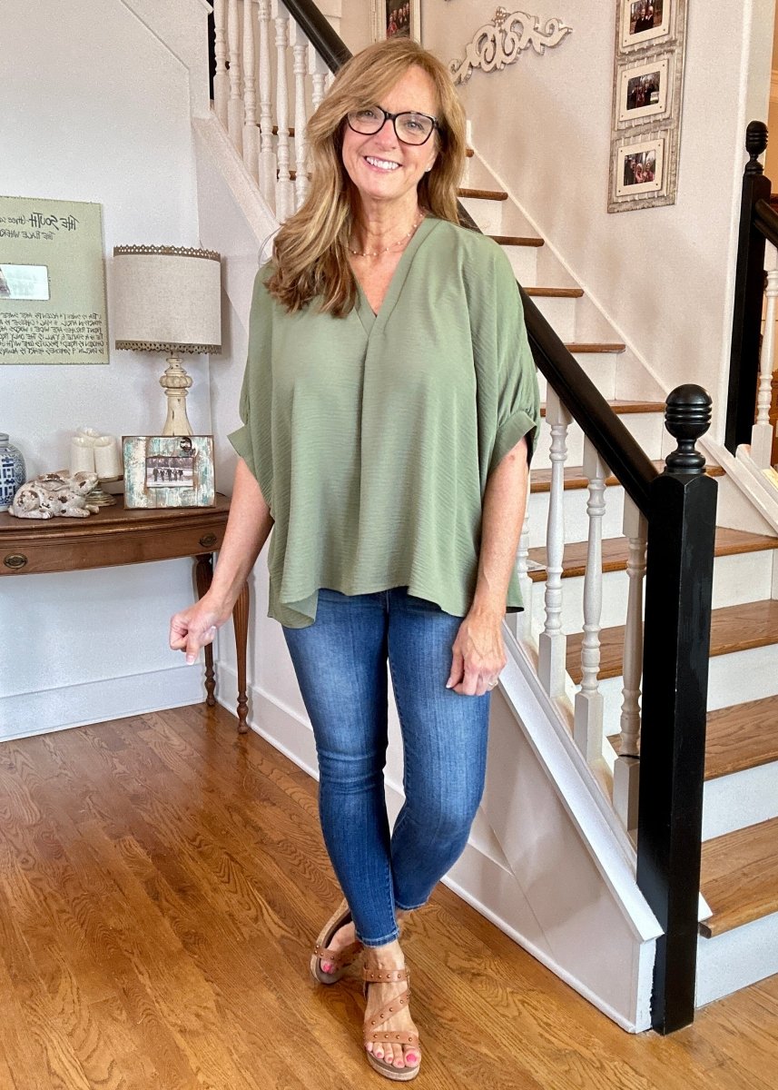 Gretchen V Neck Top | Lt Olive | Zenana - Shirts & Tops - Jimberly's Boutique - Olive Branch - Mississippi