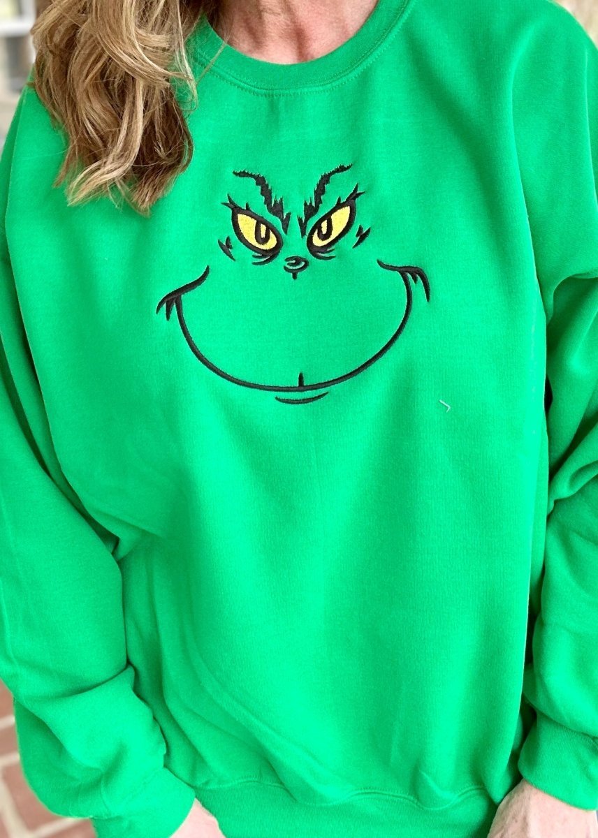 Grinch Eyes Embroidered Sweatshirt - Green - Embroidered Sweatshirt - Jimberly's Boutique - Olive Branch - Mississippi