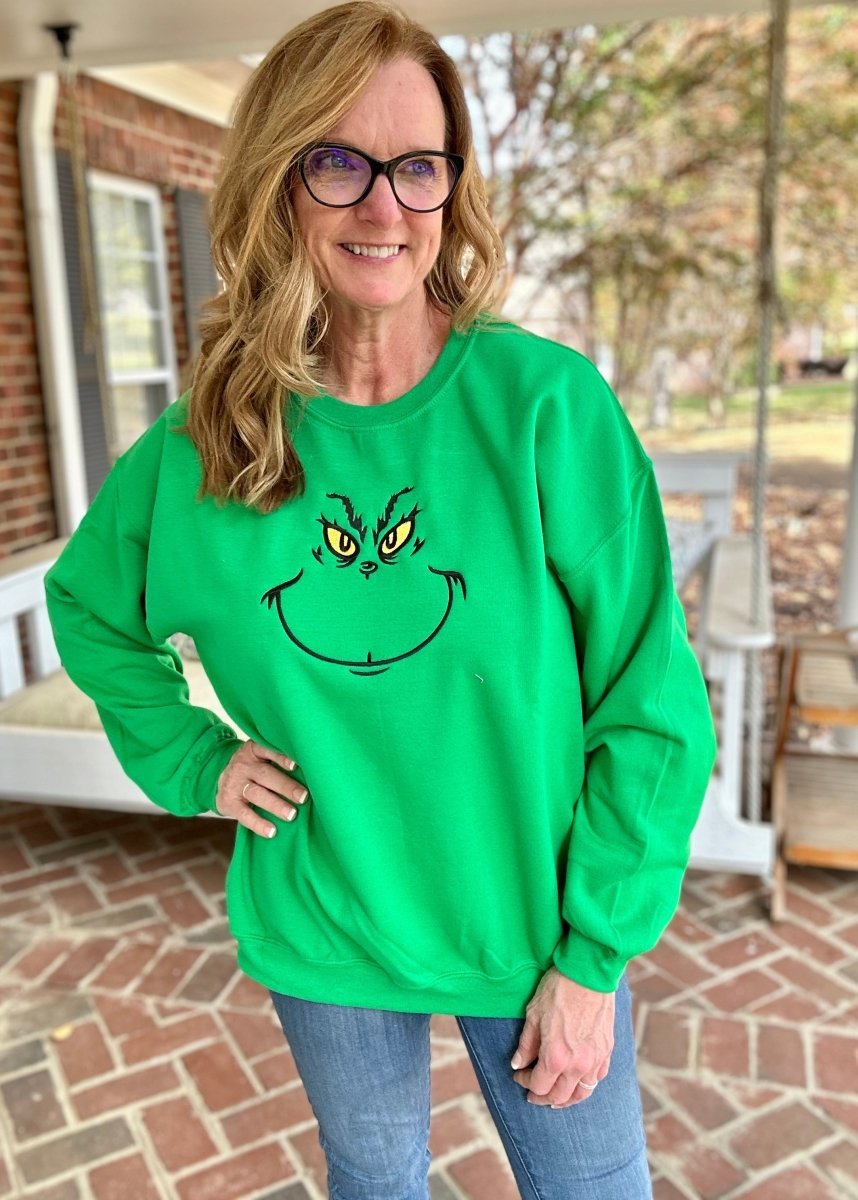 Grinch Eyes Embroidered Sweatshirt - Green - Embroidered Sweatshirt - Jimberly's Boutique - Olive Branch - Mississippi