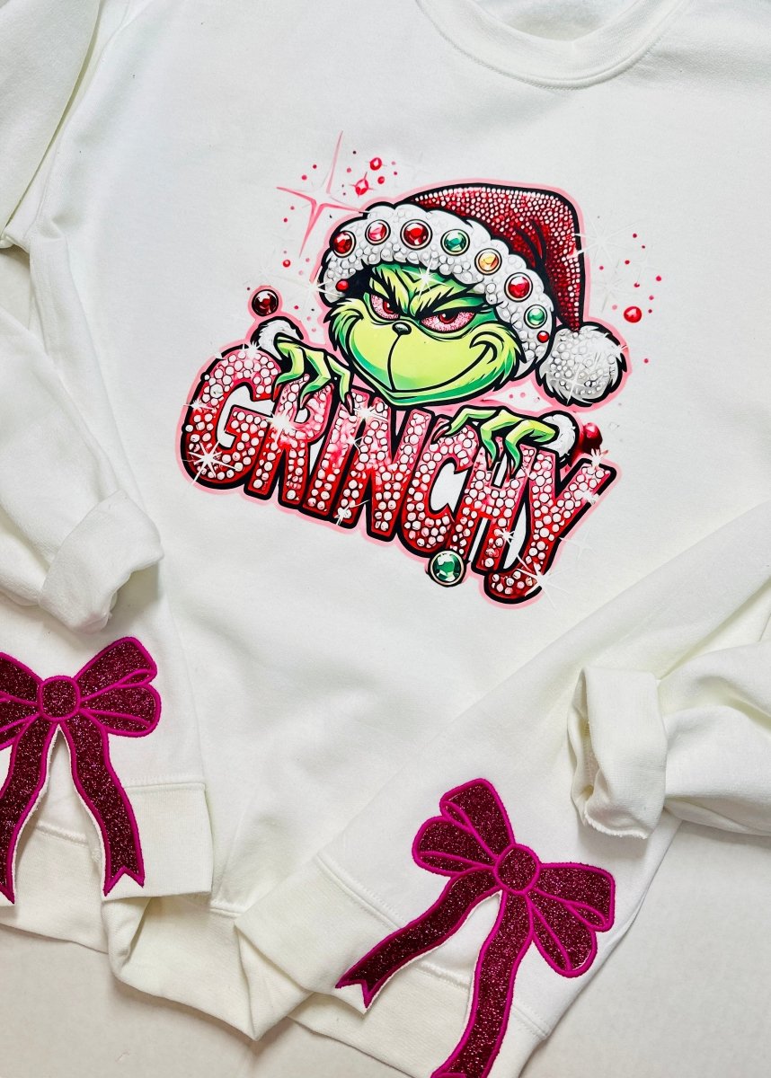 Grinchy Side Bows Glitter Applique' Sweatshirt - Sweatshirt - Jimberly's Boutique - Olive Branch - Mississippi