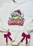 Grinchy Side Bows Glitter Applique' Sweatshirt - Sweatshirt - Jimberly's Boutique - Olive Branch - Mississippi