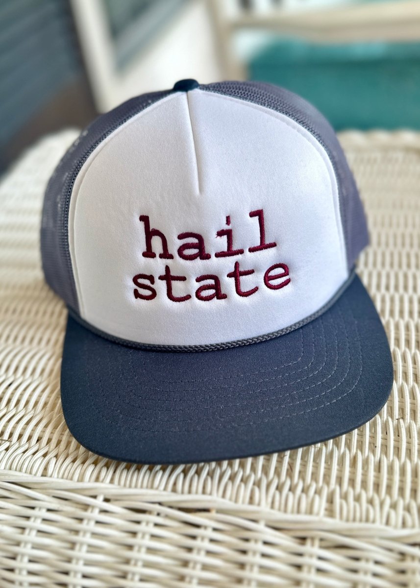 Hail State Embroidered Trucker Cap/Hat - Grey/White with Maroon Thread - Jimberly's Boutique - Olive Branch - Mississippi