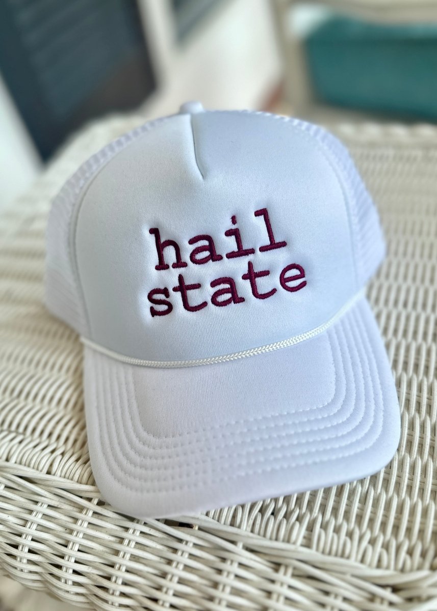 Hail State Embroidered Trucker Cap/Hat - White with Maroon Thread - Jimberly's Boutique - Olive Branch - Mississippi