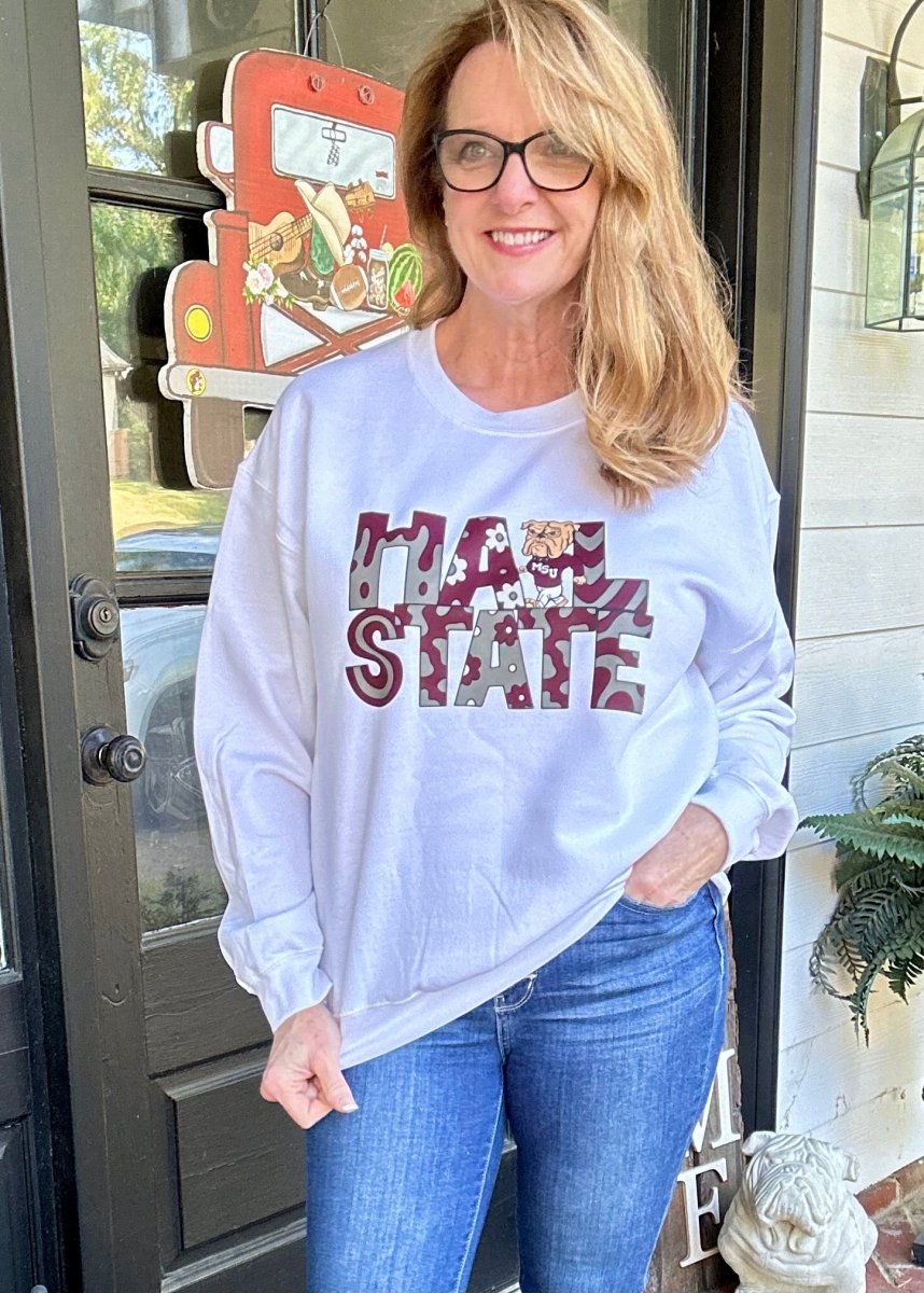 Hail State Sweatshirt - White - Graphic Sweatshirt - Jimberly's Boutique - Olive Branch - Mississippi