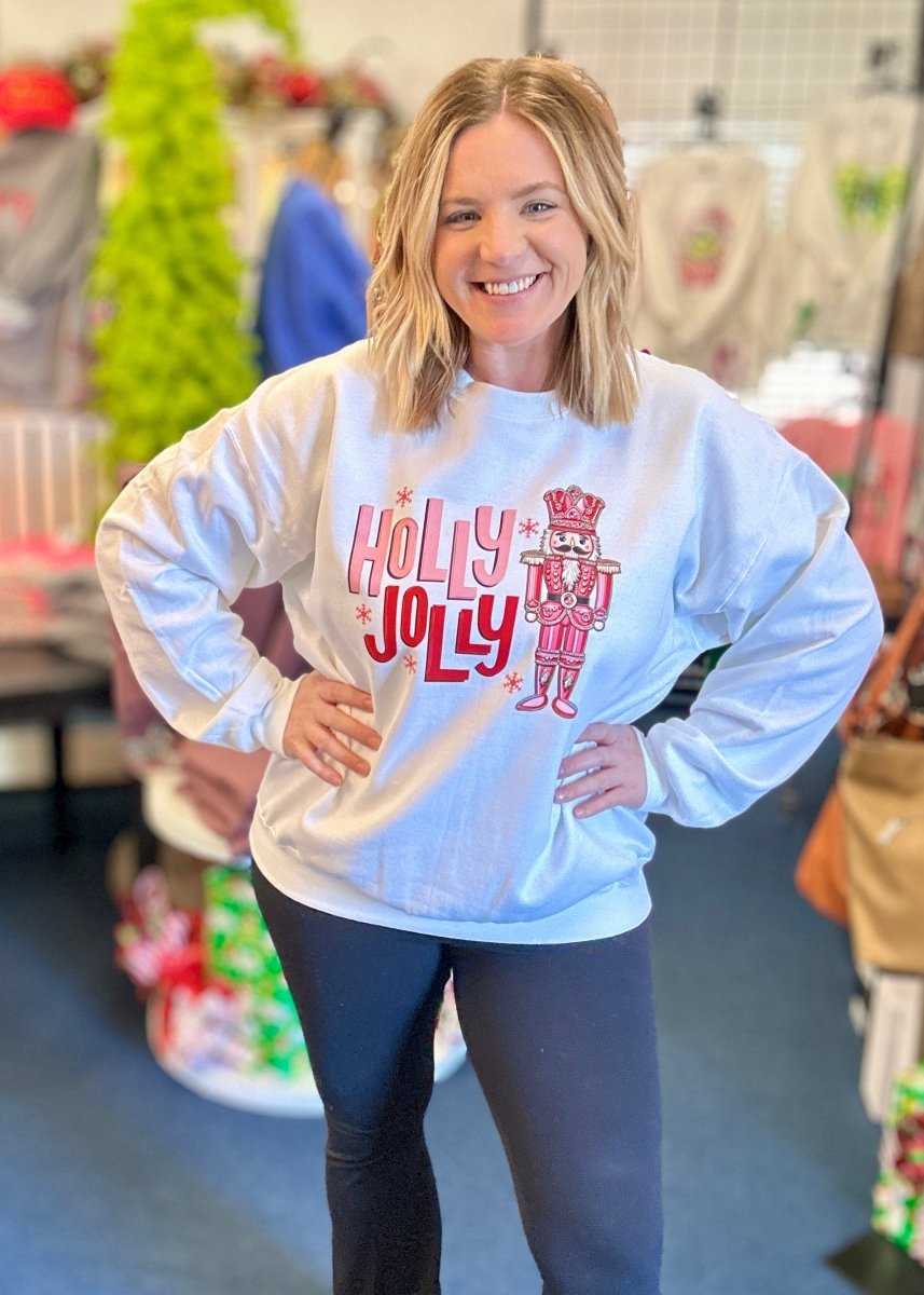 Holly Jolly Nutcracker Sweatshirt - White - Graphic Sweatshirt - Jimberly's Boutique - Olive Branch - Mississippi