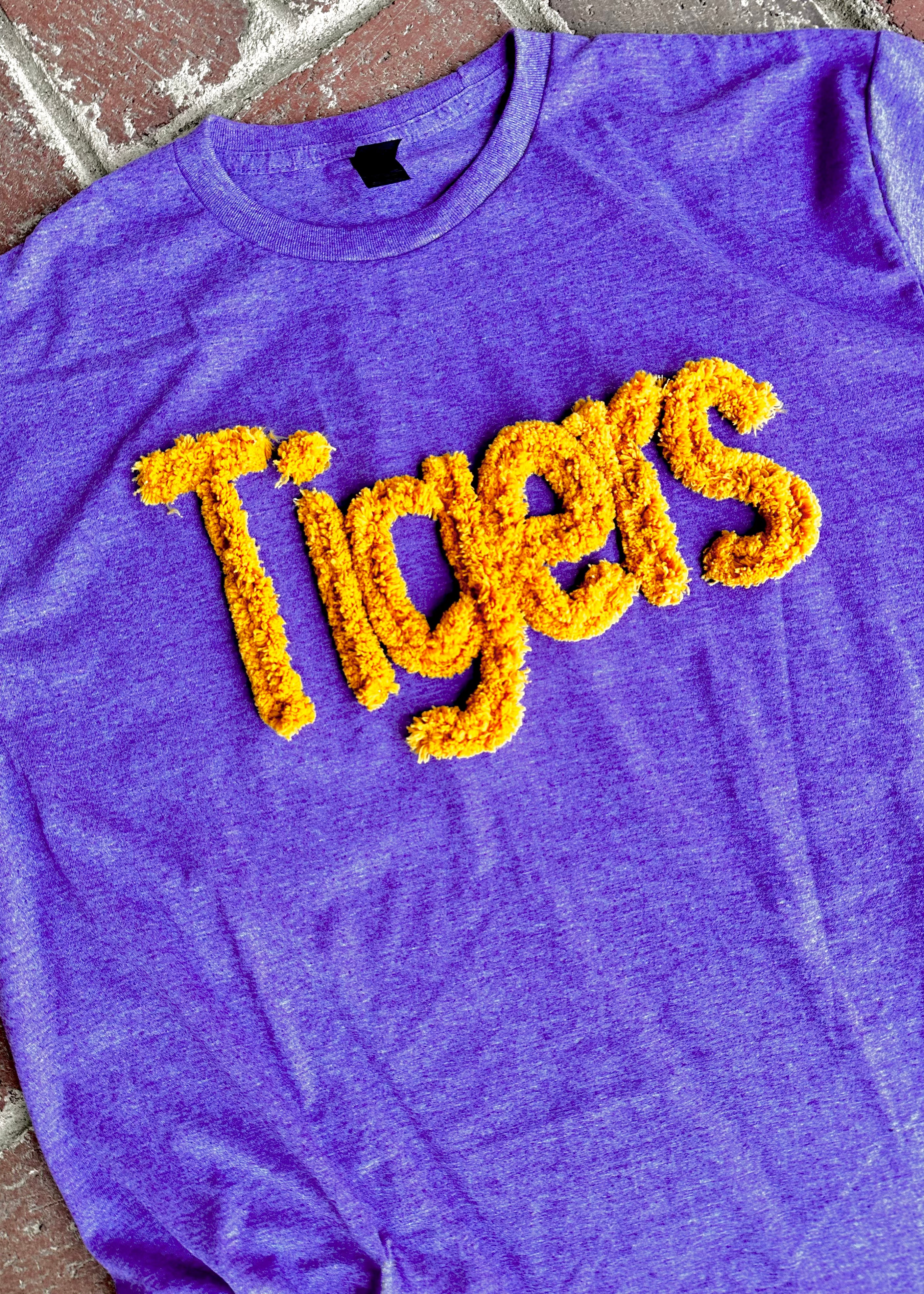 Tigers Chenille Applique' T-shirt - Purple - -Jimberly's Boutique-Olive Branch-Mississippi