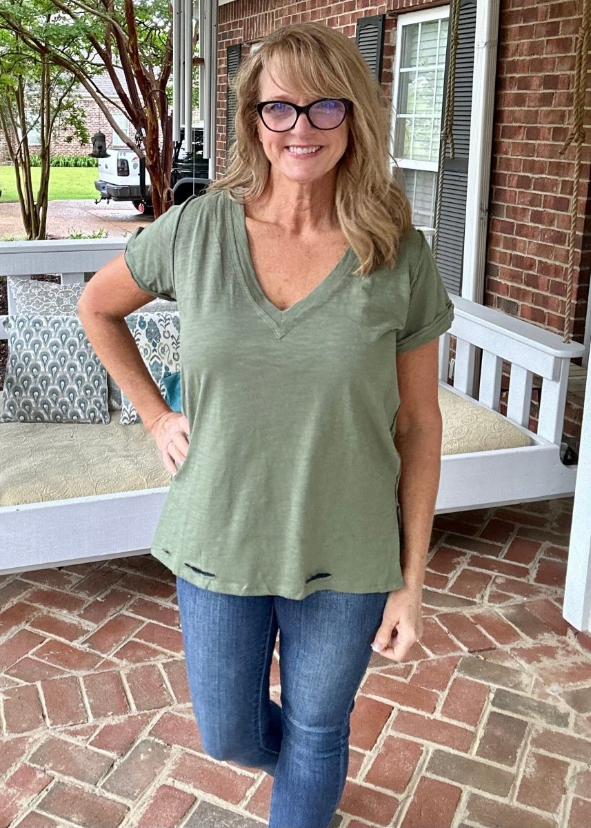 Kelly Basic V Neck Top - Sage | Umgee - Casual Top - Jimberly's Boutique - Olive Branch - Mississippi