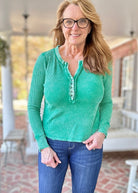 Kelly Green Baby Waffle Henley - Casual Top - Jimberly's Boutique - Olive Branch - Mississippi