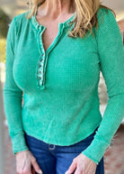 Kelly Green Baby Waffle Henley - Casual Top - Jimberly's Boutique - Olive Branch - Mississippi