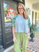 Kori Contrast Sleeve Top - Blue Combo - Casual Top - Jimberly's Boutique - Olive Branch - Mississippi