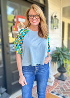 Kori Contrast Sleeve Top - Blue Combo - Casual Top - Jimberly's Boutique - Olive Branch - Mississippi