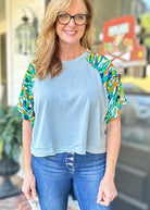 Kori Contrast Sleeve Top - Blue Combo - Casual Top - Jimberly's Boutique - Olive Branch - Mississippi