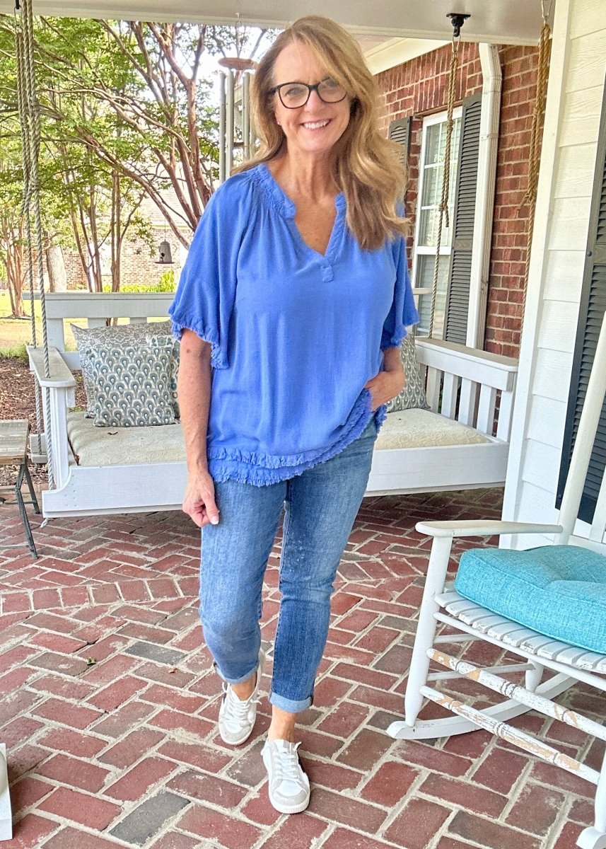 Linen V Neck Frayed Top - Orchid Blue | Umgee - Umgee Top - Jimberly's Boutique - Olive Branch - Mississippi