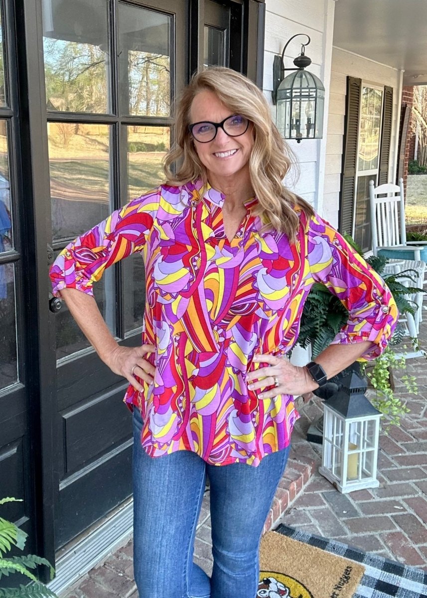 Lizzy Groovy Magenta Multi Wrinkle Free Top | Dear Scarlett - Casual Top - Jimberly's Boutique - Olive Branch - Mississippi