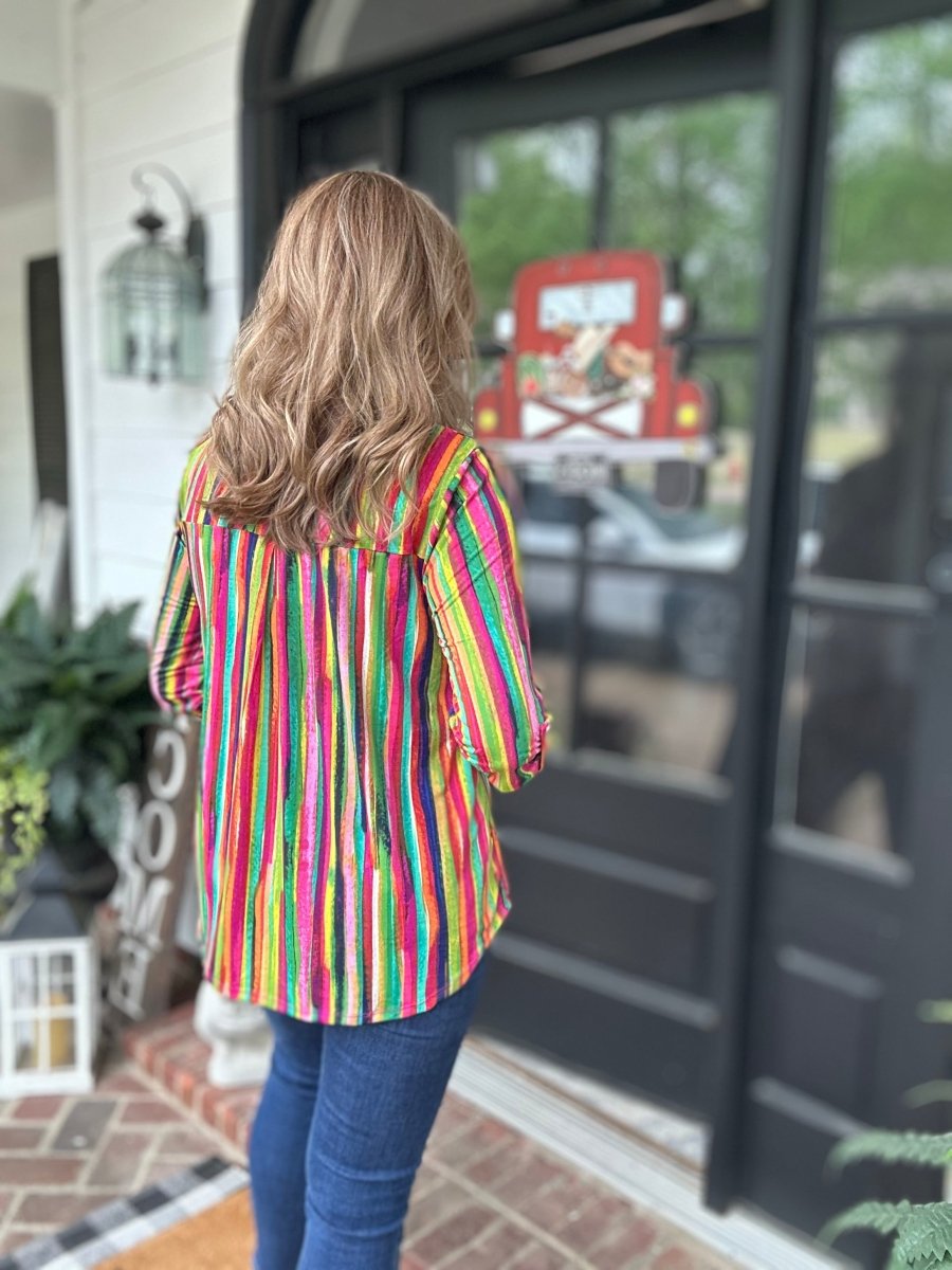 Lizzy Multi Stripe Jewel Tone Wrinkle Free Top | Dear Scarlett - Casual Top - Jimberly's Boutique - Olive Branch - Mississippi