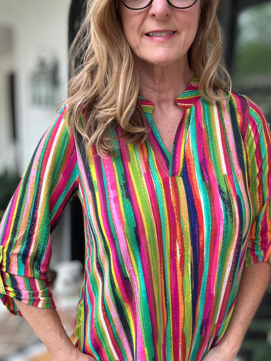 Lizzy Multi Stripe Jewel Tone Wrinkle Free Top | Dear Scarlett - Casual Top - Jimberly's Boutique - Olive Branch - Mississippi