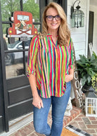 Lizzy Multi Stripe Jewel Tone Wrinkle Free Top | Dear Scarlett - Casual Top - Jimberly's Boutique - Olive Branch - Mississippi