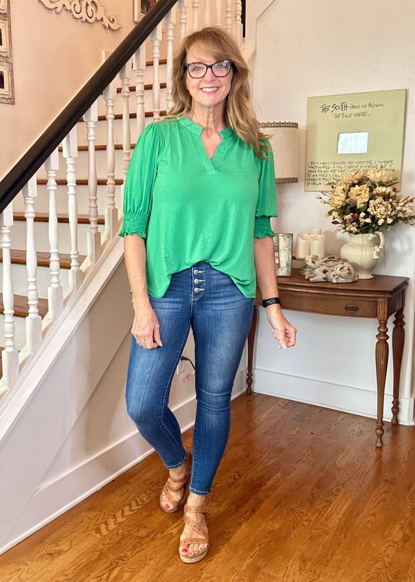 Lizzy Smocked Sleeve Top - Kelly Green | Dear Scarlett - Dear Scarlett Wrinkle Free Top - Jimberly's Boutique - Olive Branch - Mississippi