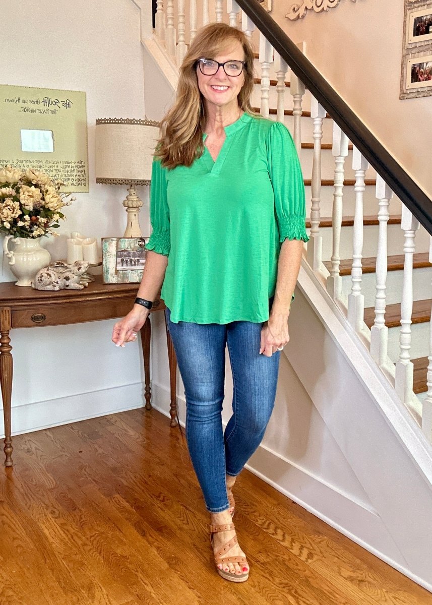 Lizzy Smocked Sleeve Top - Kelly Green | Dear Scarlett - Dear Scarlett Wrinkle Free Top - Jimberly's Boutique - Olive Branch - Mississippi