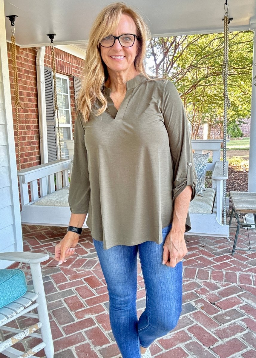 Lizzy Wrinkle Free Top - Olive | Dear Scarlett - Casual Top - Jimberly's Boutique - Olive Branch - Mississippi