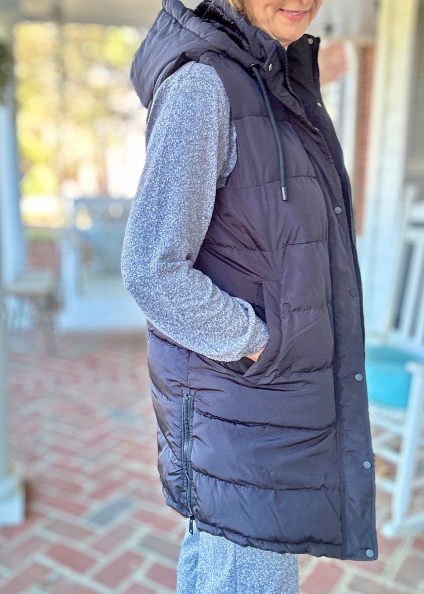 Long Hooded Puffer Vest - Black - Puffer vest - Jimberly's Boutique - Olive Branch - Mississippi