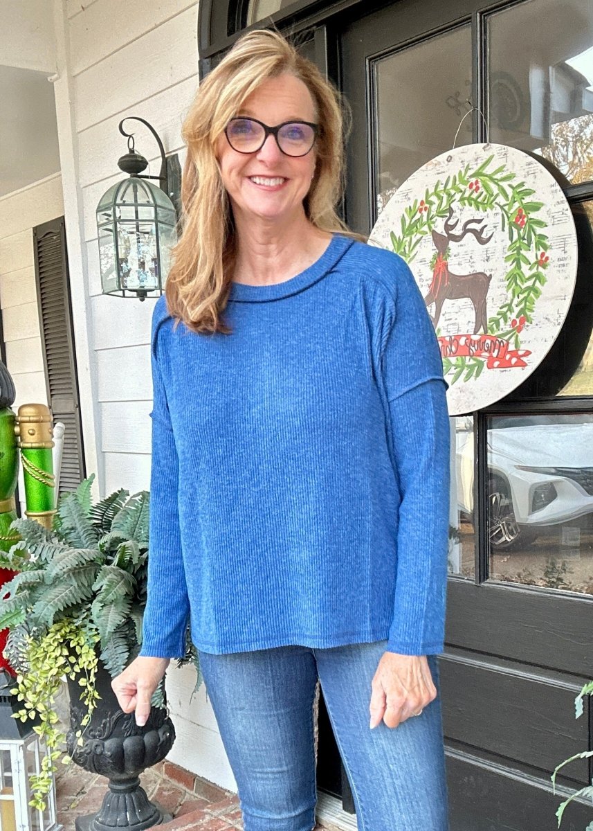 Lori Ribbed Hi Low Sweater - Lt Navy - Casual Top - Jimberly's Boutique - Olive Branch - Mississippi