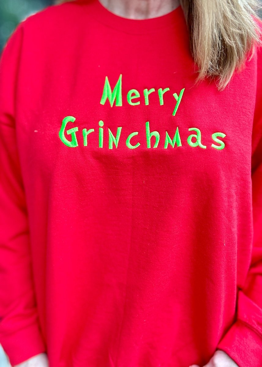 Merry Grinchmas Side Bow Embroidered Sweatshirt - Sweatshirt - Jimberly's Boutique - Olive Branch - Mississippi