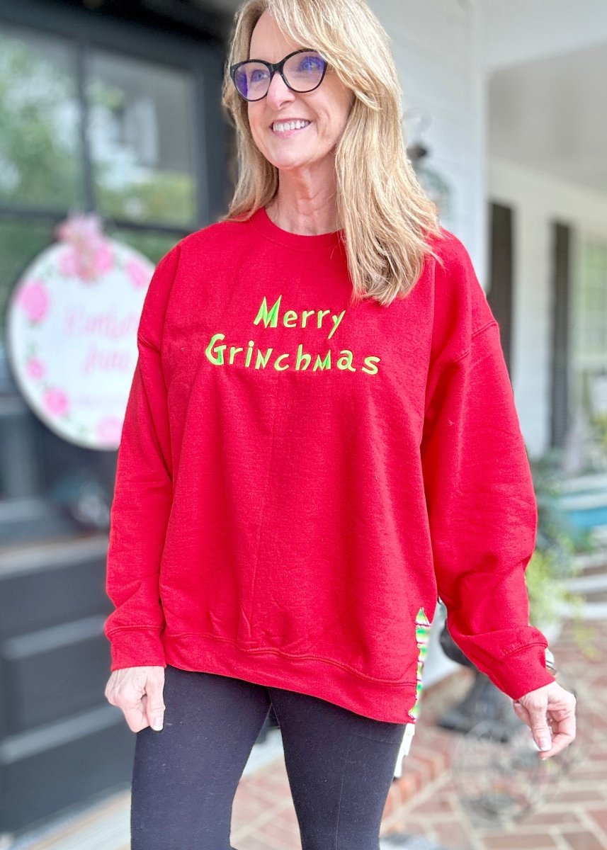 Merry Grinchmas Side Bow Embroidered Sweatshirt - Sweatshirt - Jimberly's Boutique - Olive Branch - Mississippi