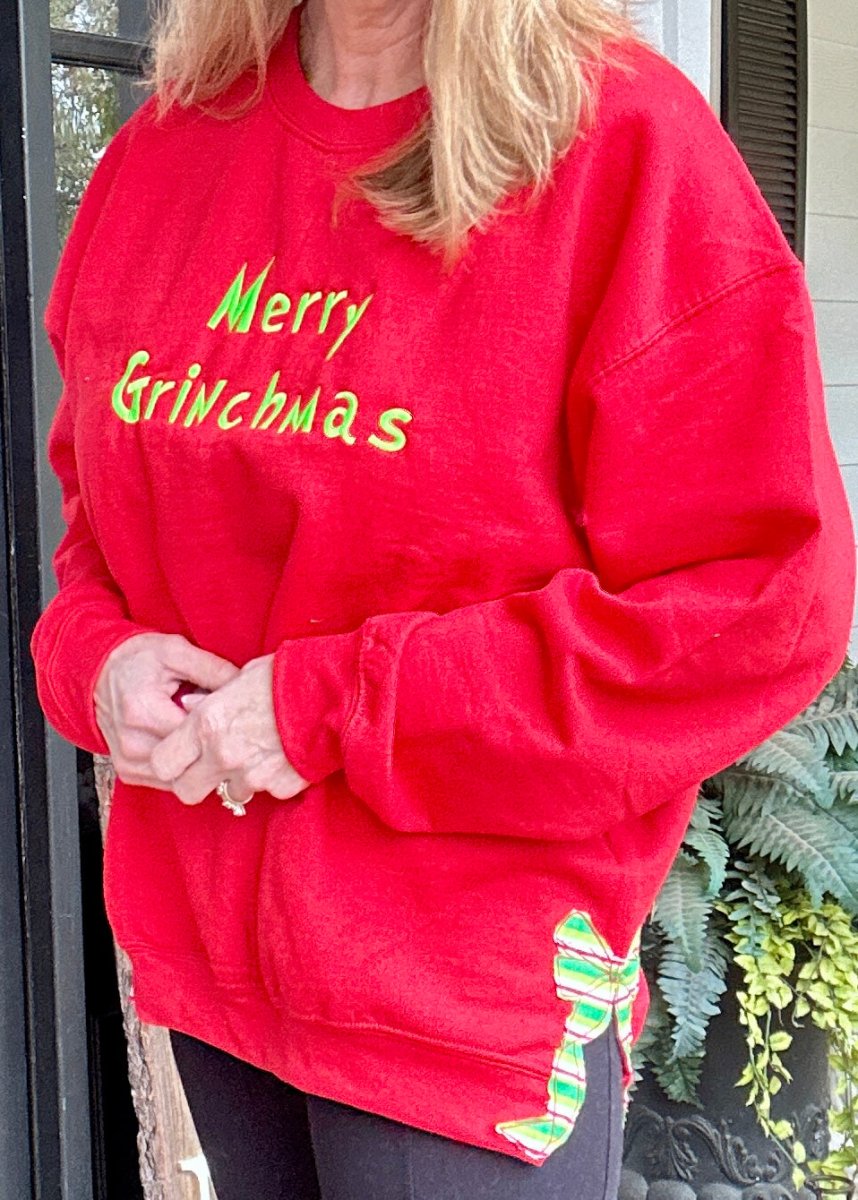 Merry Grinchmas Side Bow Embroidered Sweatshirt - Sweatshirt - Jimberly's Boutique - Olive Branch - Mississippi