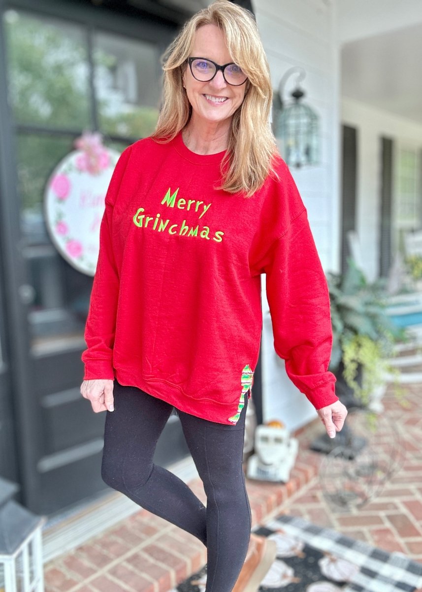 Merry Grinchmas Side Bow Embroidered Sweatshirt - Sweatshirt - Jimberly's Boutique - Olive Branch - Mississippi