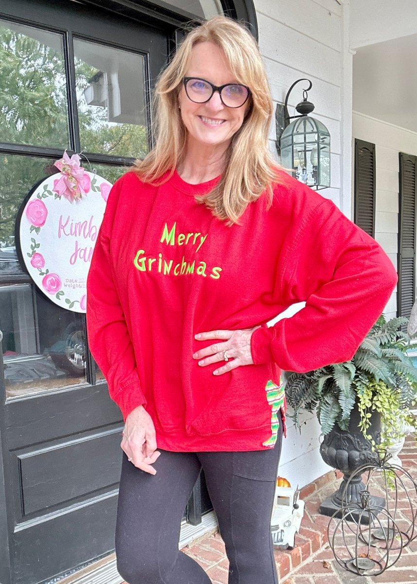 Merry Grinchmas Side Bow Embroidered Sweatshirt - Sweatshirt - Jimberly's Boutique - Olive Branch - Mississippi