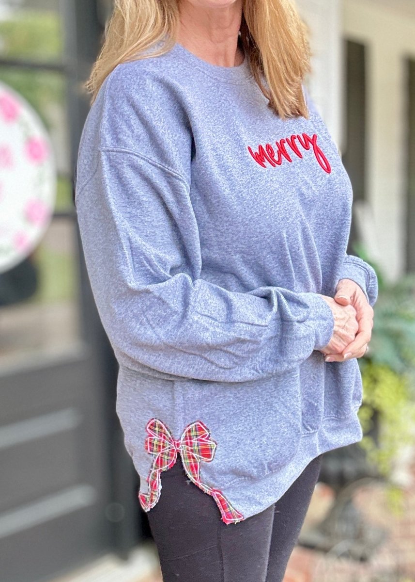 Merry Puffy Side Bow Embroidered Sweatshirt - Sweatshirt - Jimberly's Boutique - Olive Branch - Mississippi